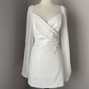 NWT David’s Bridal White Fitted Mini Dress with Sheer Sleeves